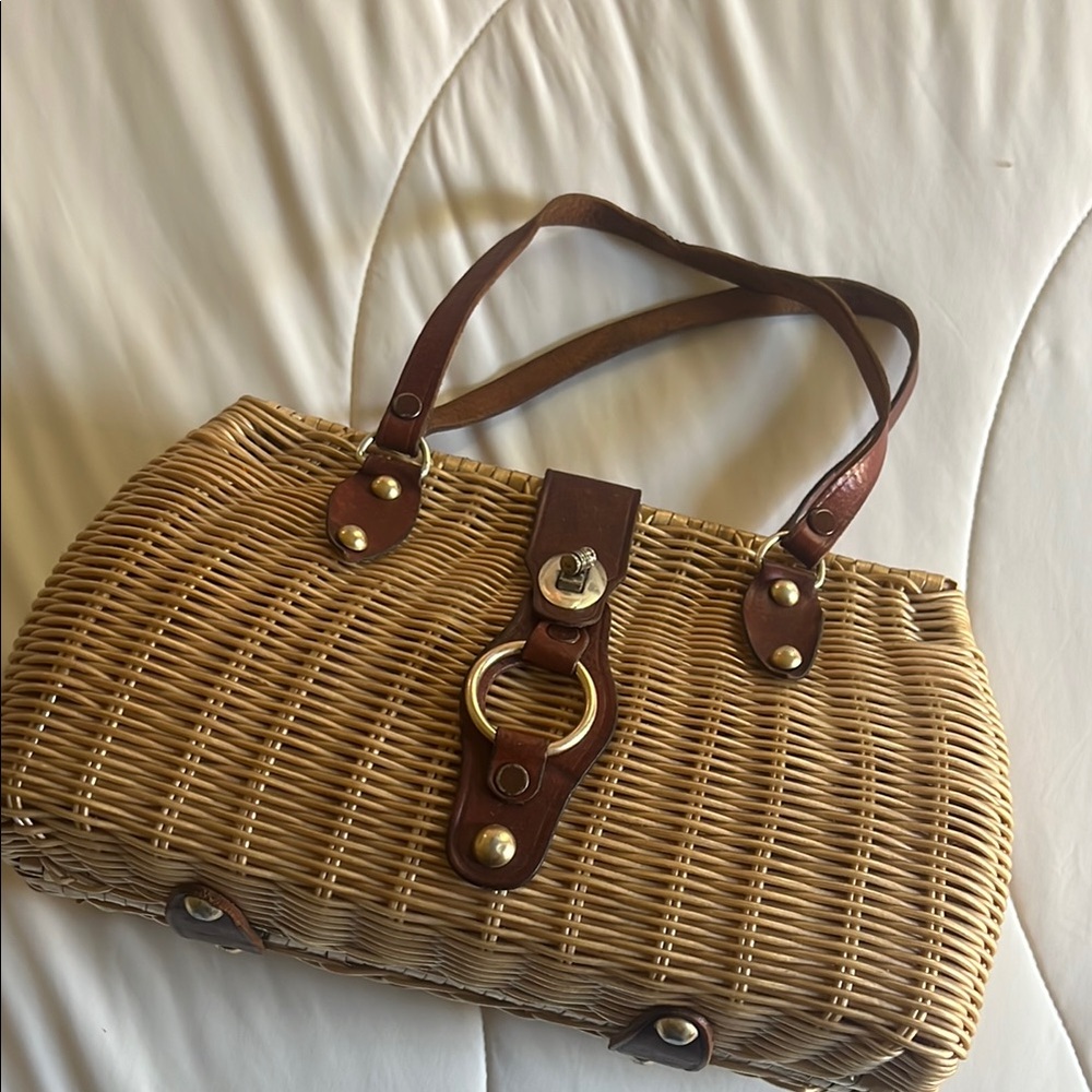 Vintage Brown Woven Tote Bag with Leather Accents